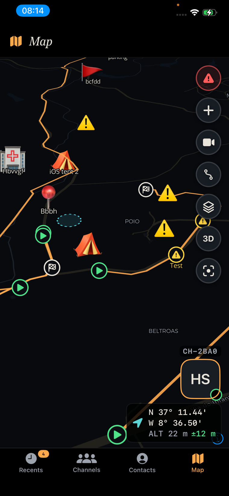 3D terrain map with team pins, hazard markers, a medical point and routes