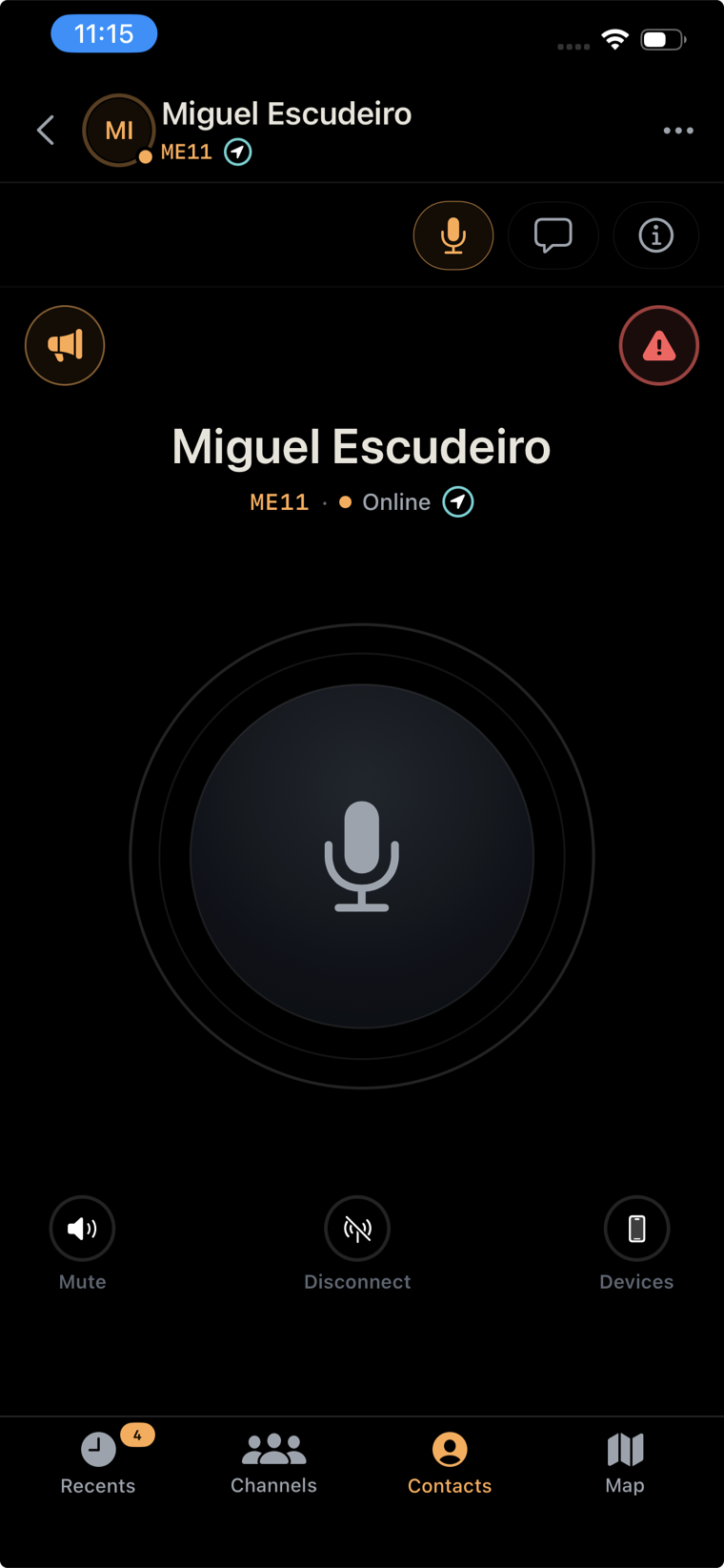 Push-to-talk call screen with a large transmit button, broadcast and SOS