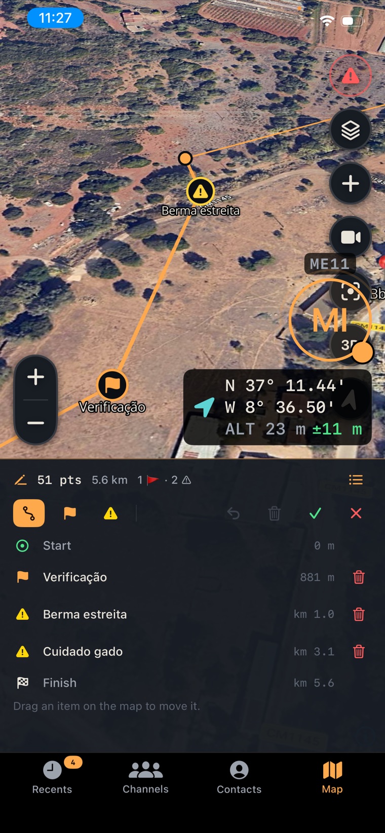 Route editor with 51 points, waypoints, hazard warnings and an editable list